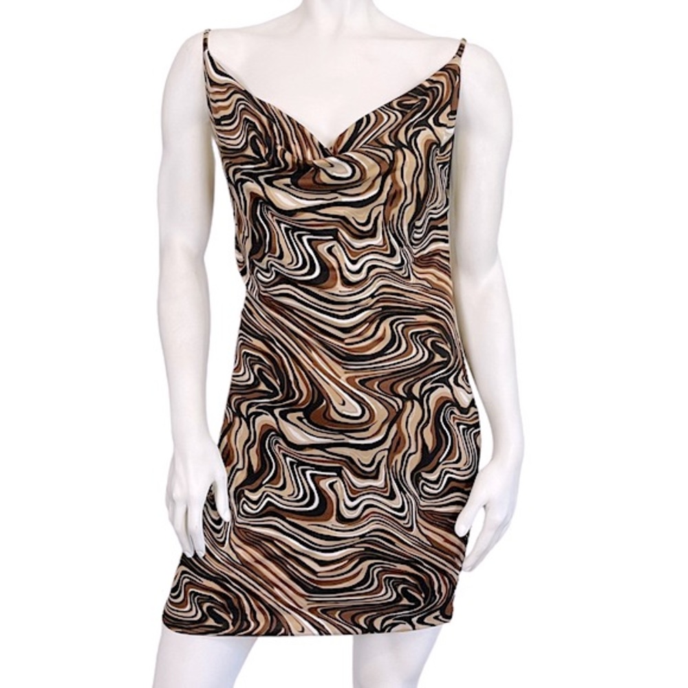 WEAREVER Brown Swirl Oil Slick Cowl Neck Backless Mini Bodycon Dress